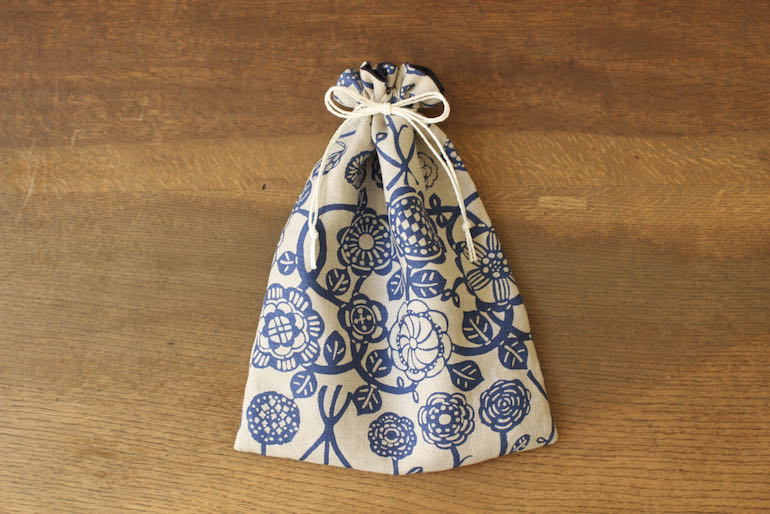 リネンプリントのばな Flax×ブルー<br />巾着セット